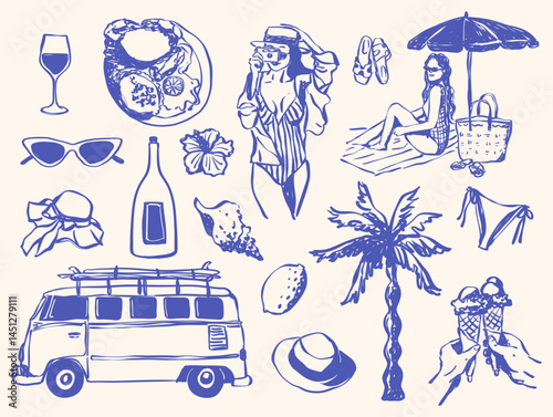 Hand Drawn Beach Summer Vacation in Aesthetic Picnic Fun Holiday Hawaiian and Italia Summer Icon. Palm Tree, Lemon, Umbrella, Hand Drawn Food, and Surfing Girl in Vector Sketch Style