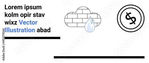Brick wall with droplet, abstract dollar inside circular ring, sample placeholder text. Ideal for finance, protection, savings, adaptability, branding metaphors insurance. Abstract line flat