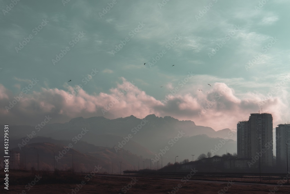 Fototapeta premium Serene dystopia in utopian surrealism with muted tones and copy space above