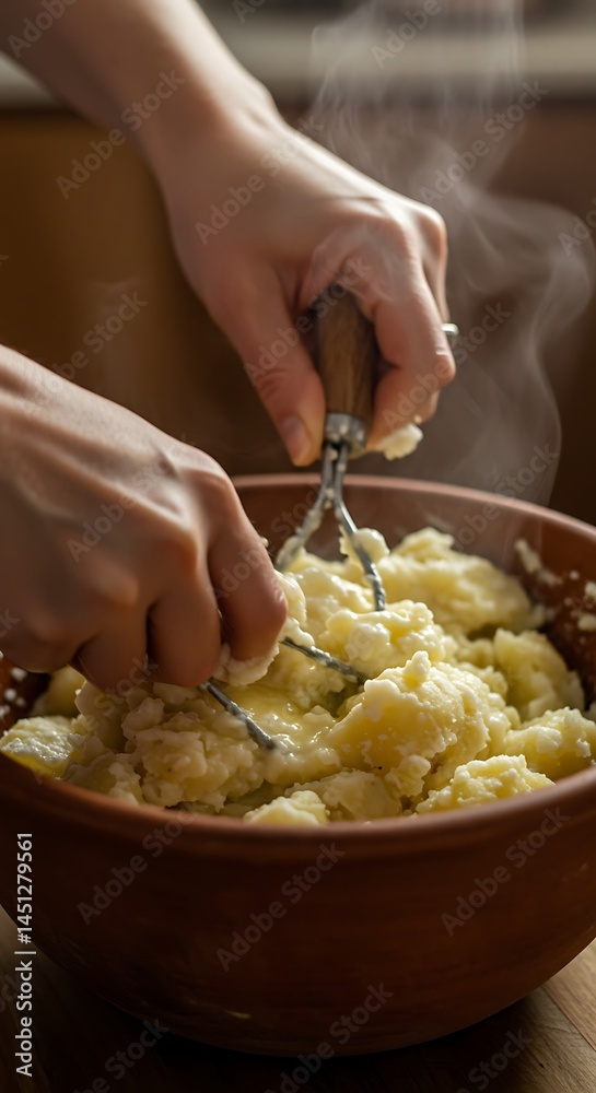 Hands mashing boiled potatoes with butter and cream in a rustic bowl. Steam rising, some potato skins visible, comfort food vibe Hands mashing boiled potatoes with butter and cream in a rustic bowl. Steam rising, some potato skins visible, comfort food vibe