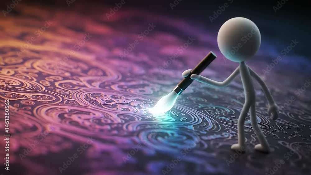 A 3D character illuminating intricate patterns with a glowing pen in a vibrant, artistic setting
