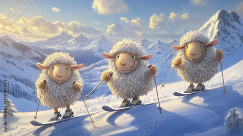 Three sheep are skiing on a snowy mountain slope, smiling and enjoying the winter scenery.