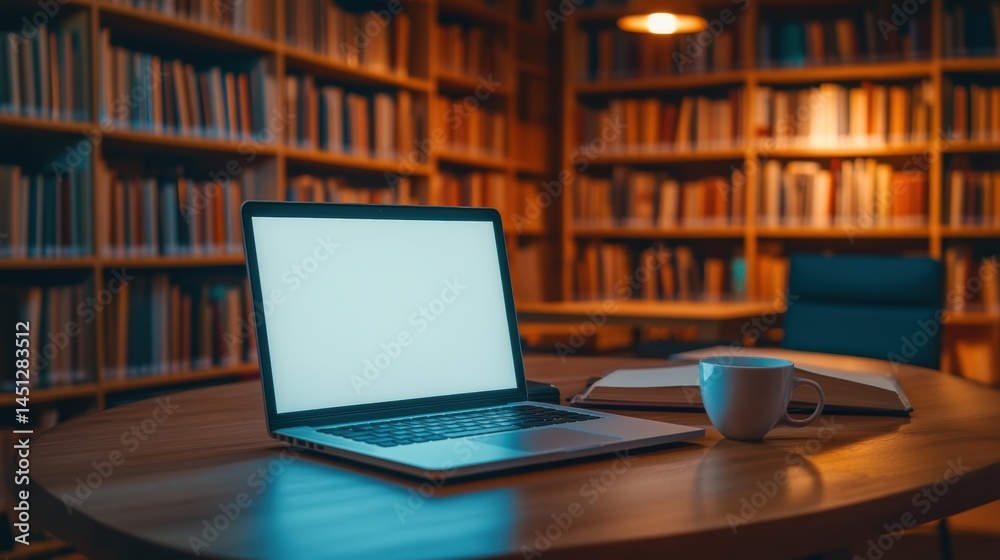Laptop with blank screen on table in Modern library or bookstore interior with Learning and coworking space,relax zone,Library with rows of bookshelves,school or university,education concept. Laptop with blank screen on table in Modern library or bookstore interior with Learning and coworking space,relax zone,Library with rows of bookshelves,school or university,education concept.