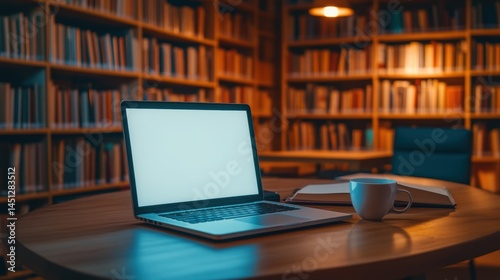 Laptop with blank screen on table in Modern library or bookstore interior with Learning and coworking space,relax zone,Library with rows of bookshelves,school or university,education concept.