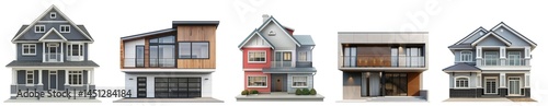 Collection set of Split Level House front view full length isolated on white and transparent background, cut out png
