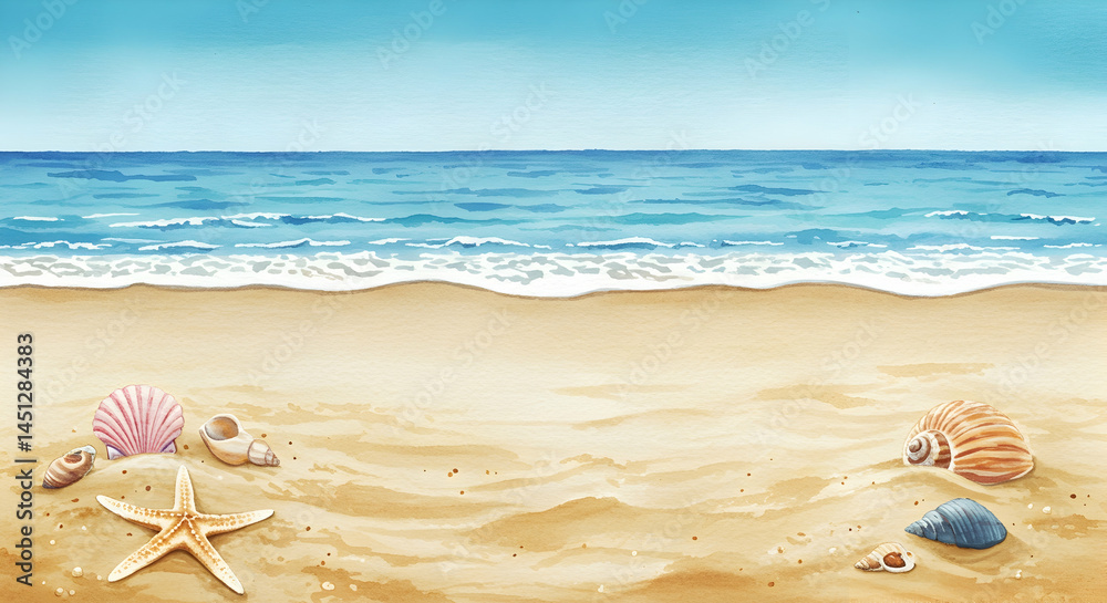 Fototapeta premium Serene Beach Scene with Seashells and Calming Ocean Background