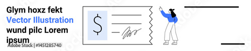 Oversized check with dollar sign and signature, woman in blue interacting with it. Ideal for finance, payments, banking, transactions, bookkeeping, accounting, or simple landing page