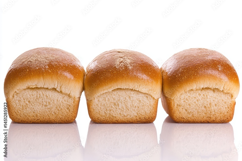 Freshly baked loaves of bread lined up on a reflective surface, showcasing texture and color Freshly baked loaves of bread lined up on a reflective surface, showcasing texture and color