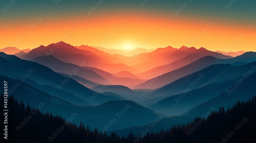 Fototapeta premium Layered mountain silhouettes fading into the distance with warm golden hour light 