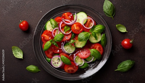 Top view of fresh salad with cherry tomatoes, sliced cucumbers, red onions, and basil on a m 