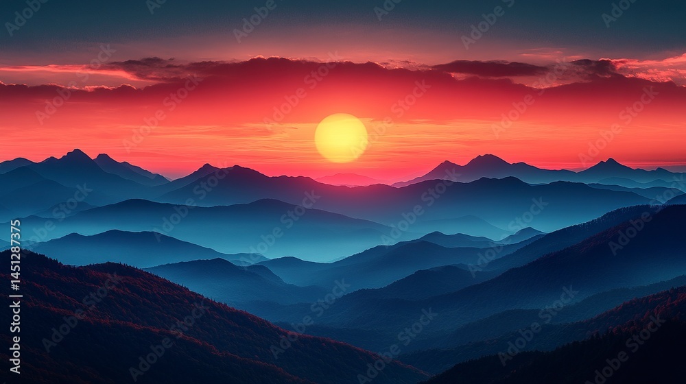 Fototapeta premium Layered mountain silhouettes fading into the distance with warm golden hour light 
