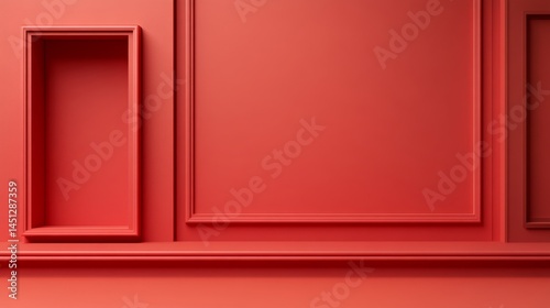 Red Wall Paneling Design with Empty Showcase on red background
