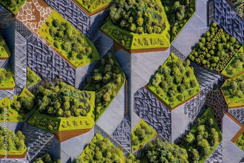 Tessellated landscapes in utopian-surrealism with geometric patterns and copy space above