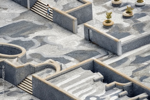 Tessellated landscapes in utopian-surrealism with geometric patterns and copy space above