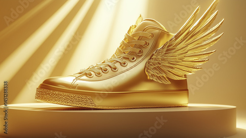 Golden high-top sneaker with wing-shaped design on the side, featuring a shiny gold finish and detailed texture.
