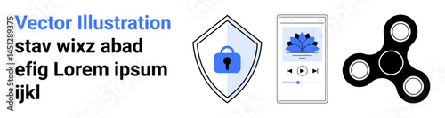 Shield with lock for security, smartphone with app UI featuring a lotus, and spinner toy. Ideal for security, tech, mindfulness, UI, gaming, creativity stress-relief flat landing page banner