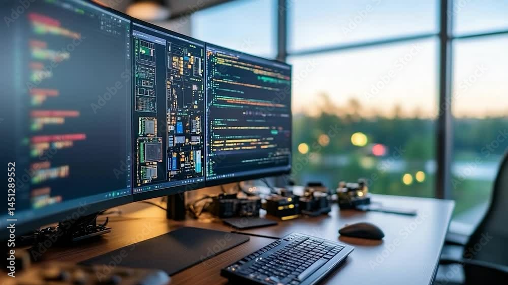 Office workstation scene featuring triple computer screens displaying code and circuits. A keyboard and mouse sit on the desk with blurred green trees outside the window