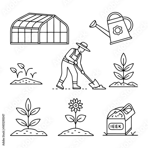 Vector cartoon illustration set shows a woman and a girl with a rake, and a woman with a rake and shovel
