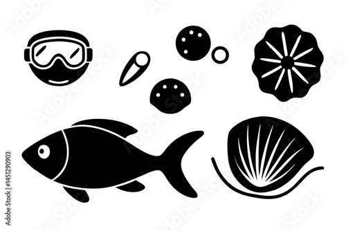 Underwater Diving Icons Black and White Illustration