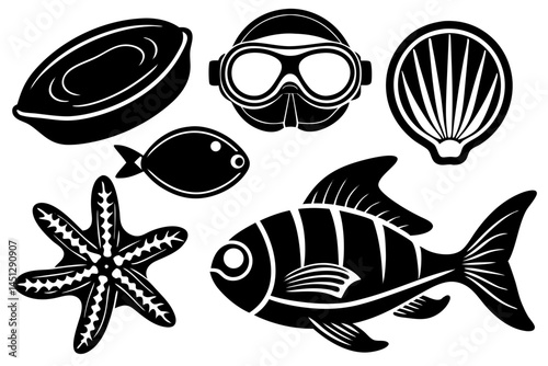 Underwater Diving Icons Black and White Illustration