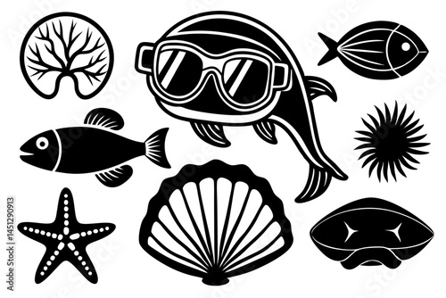 Underwater Diving Icons Black and White Illustration