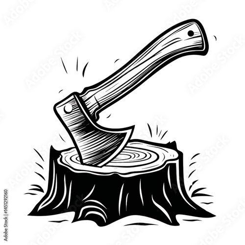 Axe in Tree Stump Icon – Vintage Woodcut Style Illustration