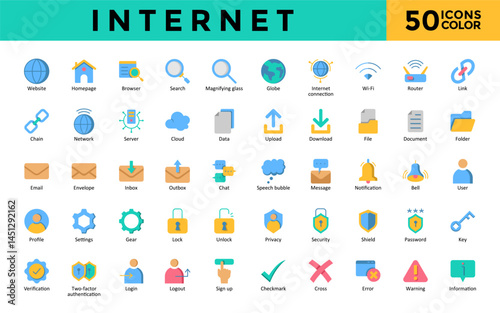 Internet icons set with website, homepage, browser, search, magnifying glass, globe, internet connection, wi-fi, router, link icon. Simple flat color vector 
