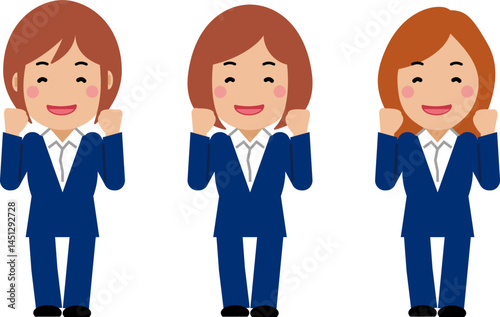 がんばれと応援する紺色スーツの若い女性