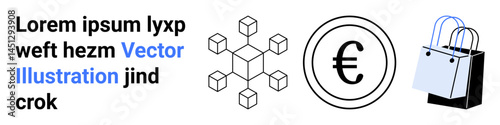 Blockchain cube network, euro currency symbol, and shopping bag trio combined to represent technology, digital transactions, e-commerce, finance, shopping, global trade and innovation. Ideal