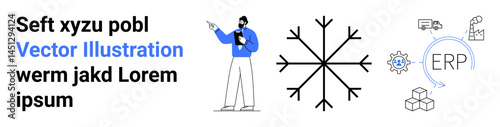 Person pointing to ERP network, snowflake-thumbs up connection diagram, logistics, supply chain, manufacturing icons. Ideal for technology, process management, logistics, ERP solutions team
