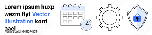 Calendar, clock, gear, and shield with lock visualizing time management, security, workflow, productivity, planning protection and strategy. Ideal for businesses IT management scheduling