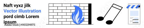 Blue flame on brick wall, music notes symbolizing sound or melody, storefront representing online businesses. Ideal for creativity, audio, media, entertainment, marketing, branding simple landing