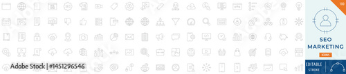SEO and marketing icon collection set. Containing Target Audience, Keyword Research, Social Media, Content Creation, Analytics, and more. Editable Stroke.