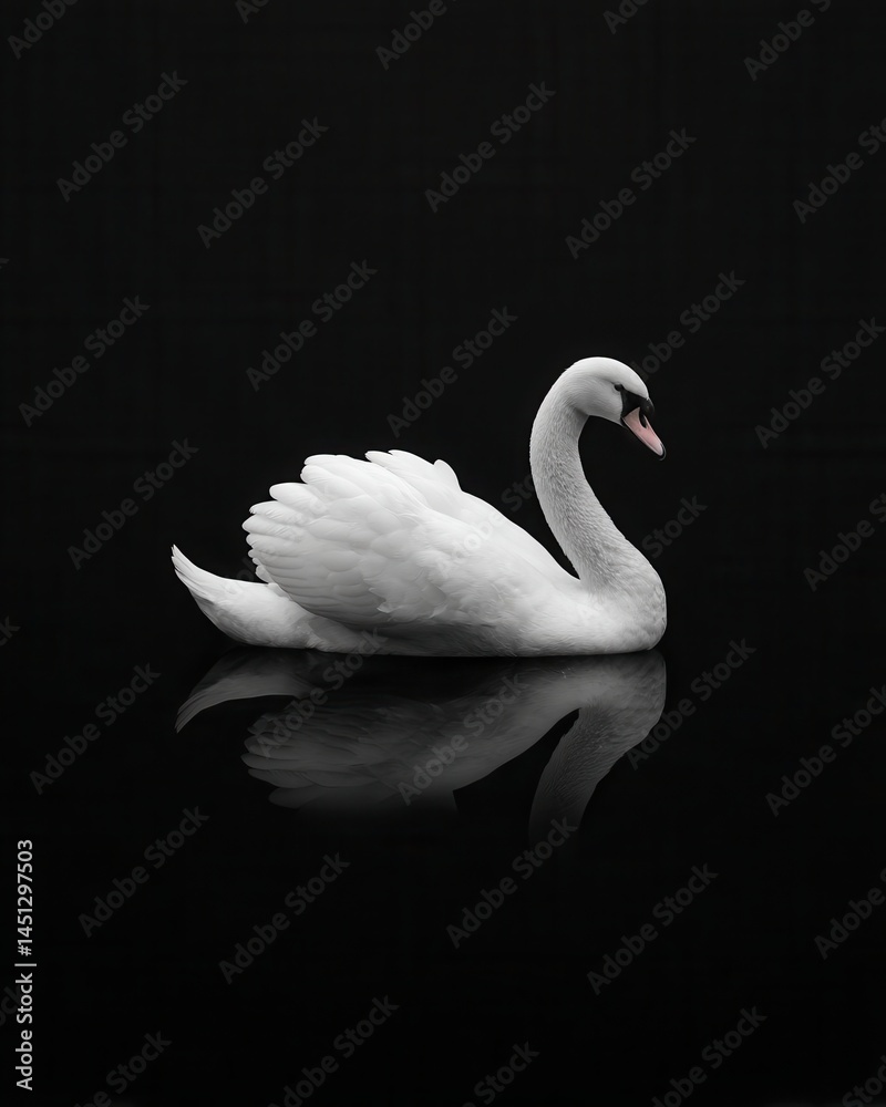 Obraz premium A graceful white swan glides on still water, perfectly reflected against a black background.