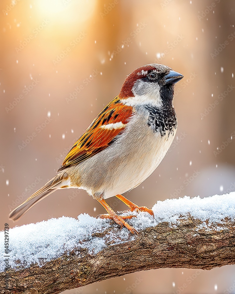 Obraz premium A small sparrow perched on a snowy branch with a warm, softly glowing background and gentle falling snow.
