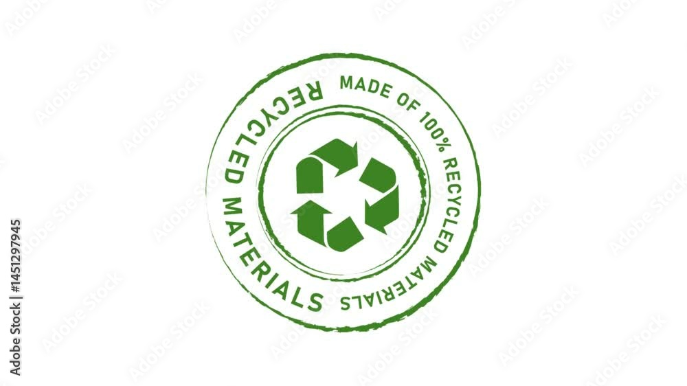 Recycled materials made from recycled product stamp green recycling arrow symbol emblem animated sign Recycled materials made from recycled product stamp green recycling arrow symbol emblem animated sign