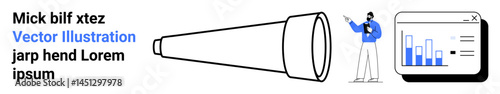 Telescope focuses attention on future opportunities while a man presents analytical bar graphs. Ideal for business strategy, analytics, forecasting, education, innovation, teamwork, simple landing