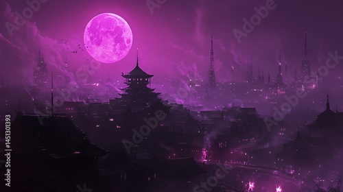 Dreamy nightscape of a mystical city under a purple moonlight