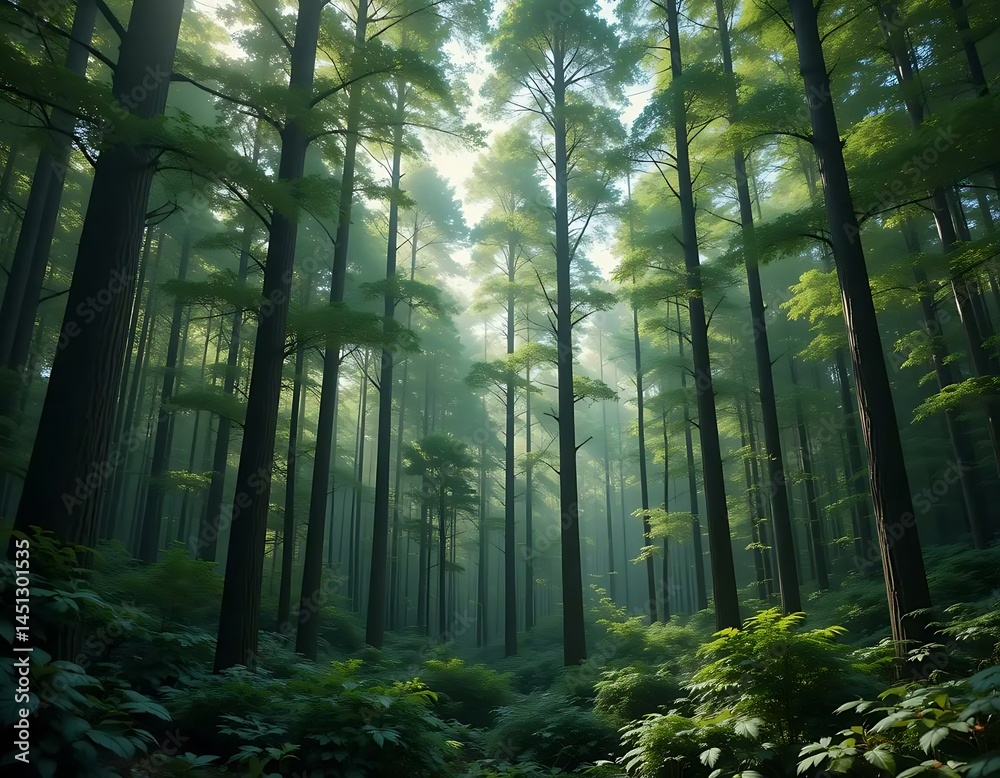 Obraz premium Sunlight filters through a lush, dense forest with tall trees creating a serene and ethereal scene.