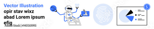 Robot analyzing biometric data and visualizing financial analytics with futuristic graphs. Ideal for AI, biometrics, automation, cybersecurity, financial technology, innovation, simple landing page