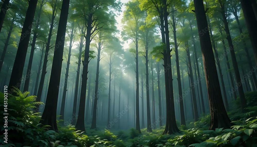 Fototapeta premium Misty sunlight filters through a dense forest of tall trees and lush green ferns on the ground.