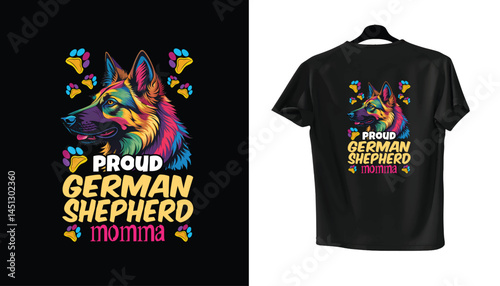 T-shirt design with colorful German Shepherd dog