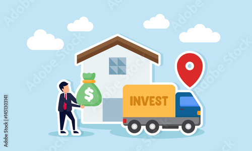 Businessman carrying a money sack to be loaded onto a delivery truck labeled INVEST illustration of investor funding for business financial stability