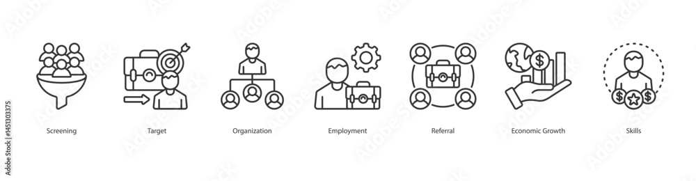 Talent Acquisition icon sheet vector screening, target, organization, employment, referral, economic growth, skills Talent Acquisition icon sheet vector screening, target, organization, employment, referral, economic growth, skills