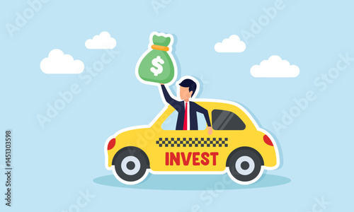 Businessman appearing from the window of a vehicle labeled INVEST while holding a money sack illustration of an offer coming from another investor for a business