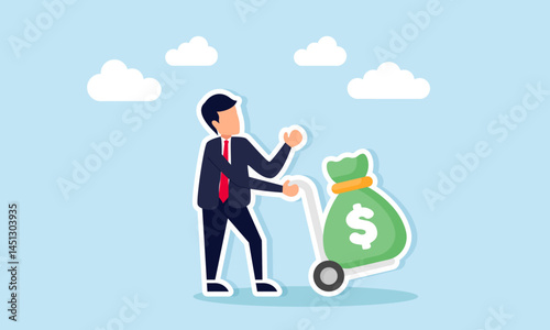 Businessman pushing a trolley carrying money sacks illustration of receiving a funding boost or injection from an investor