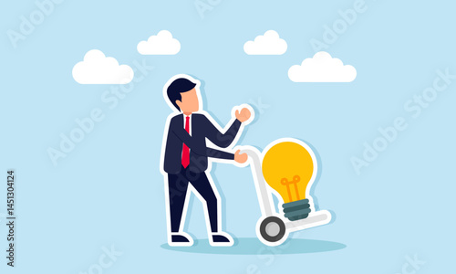 Businessman pushing a trolley carrying light bulbs illustration of receiving useful ideas for business development