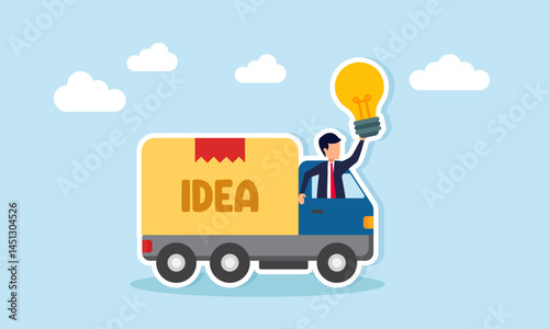 Businessman holding a light bulb appearing from the window of a delivery truck labeled IDEA illustration of a great business idea offer for business development