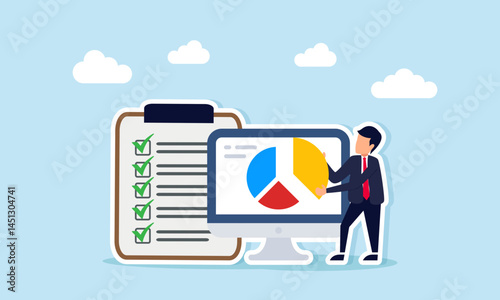 Businessman holding part of a pie chart from a monitor next to a checklist board illustration of calculation related to percentage of completed and ongoing projects