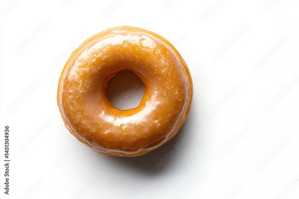 Glazed donut on a white background, highlighting its shiny texture and round shape Glazed donut on a white background, highlighting its shiny texture and round shape